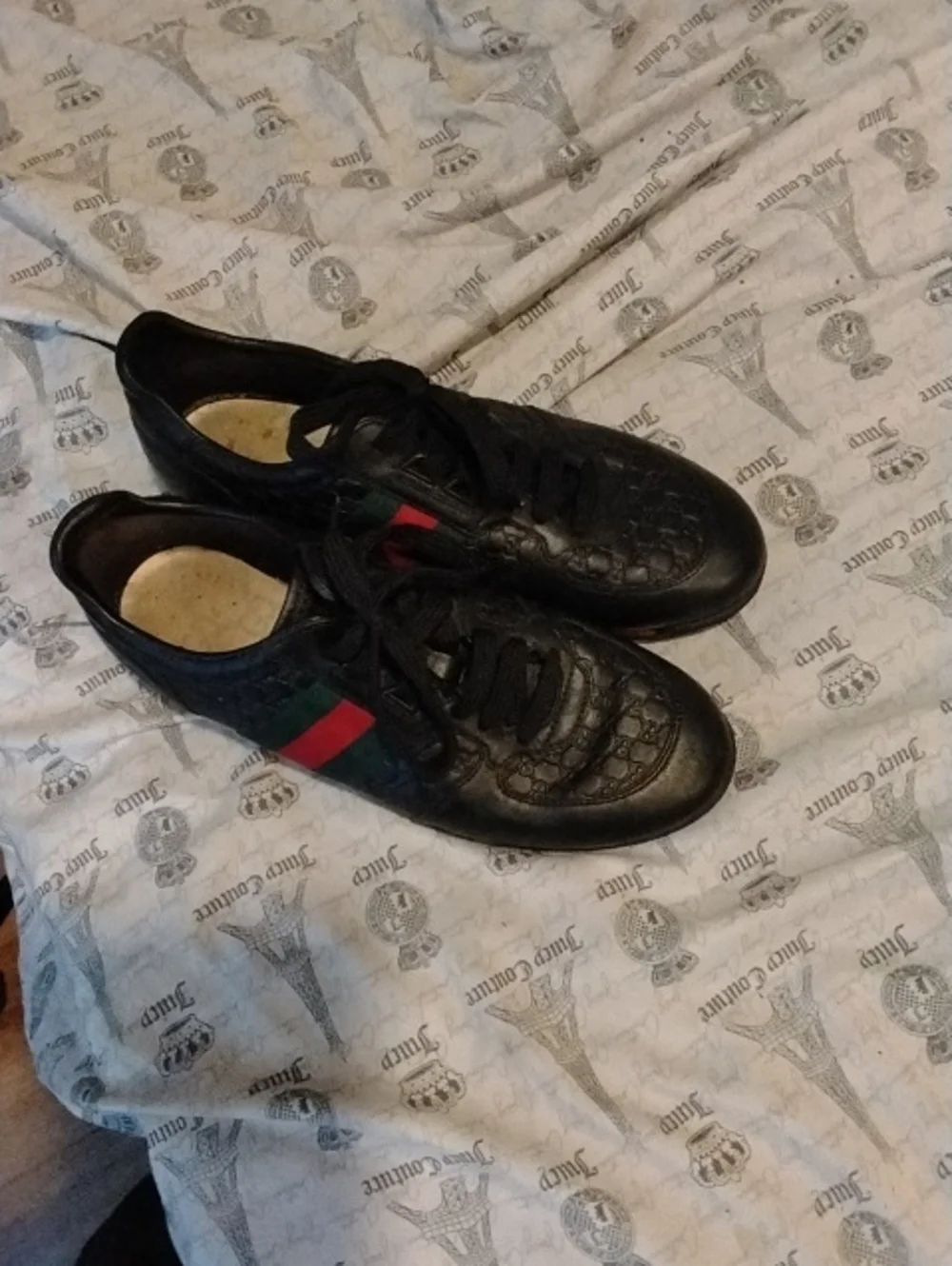 Gucci Black Leather Sneakers with Green and Red Web Stripe
